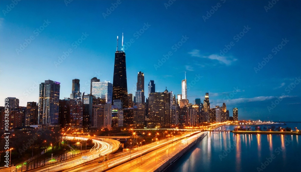 Obraz premium Chicago Skyline with Dark Background and Neon Highlights