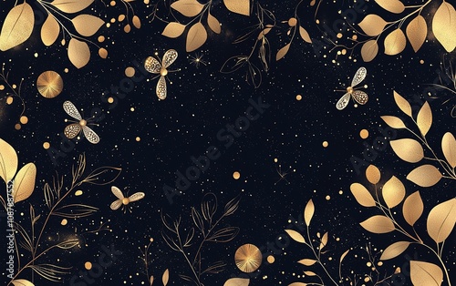 Decorative black background featuring golden leaves and butterflies among shimmering stars and circles photo