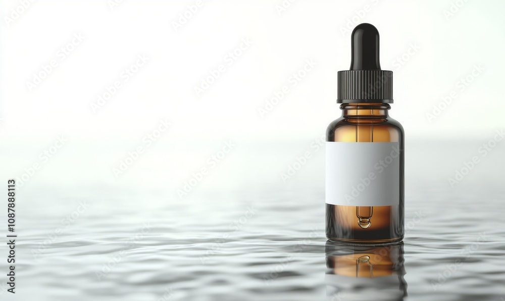 Close-up of a serum bottle with glass dropper, blank label for text or logos, positioned on a soft, reflective surface
