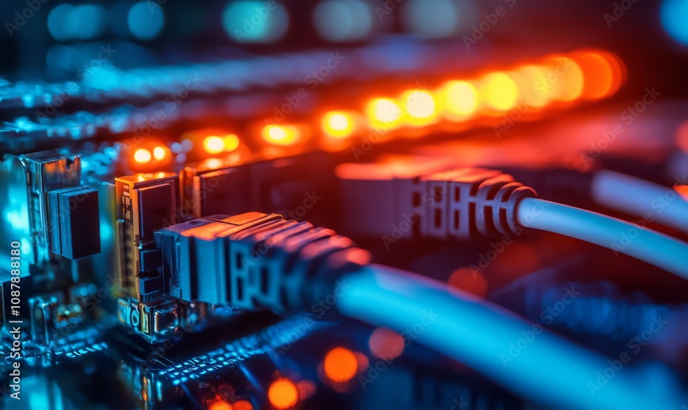 Close-up of an illuminated circuit board with connected network cables, showcasing modern technology and digital infrastructure Close-up of an illuminated circuit board with connected network cables, showcasing modern technology and digital infrastructure