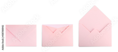 Pink paper envelopes isolated on white, collage photo