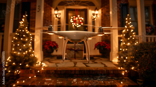 Drone Quadcopter UAV Delivering a Christmas Gift to the Holiday Decorated Front Porch of a House. Generative AI.