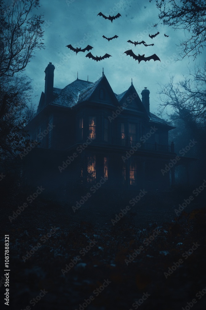 A large house with bats flying around it A large house with bats flying around it