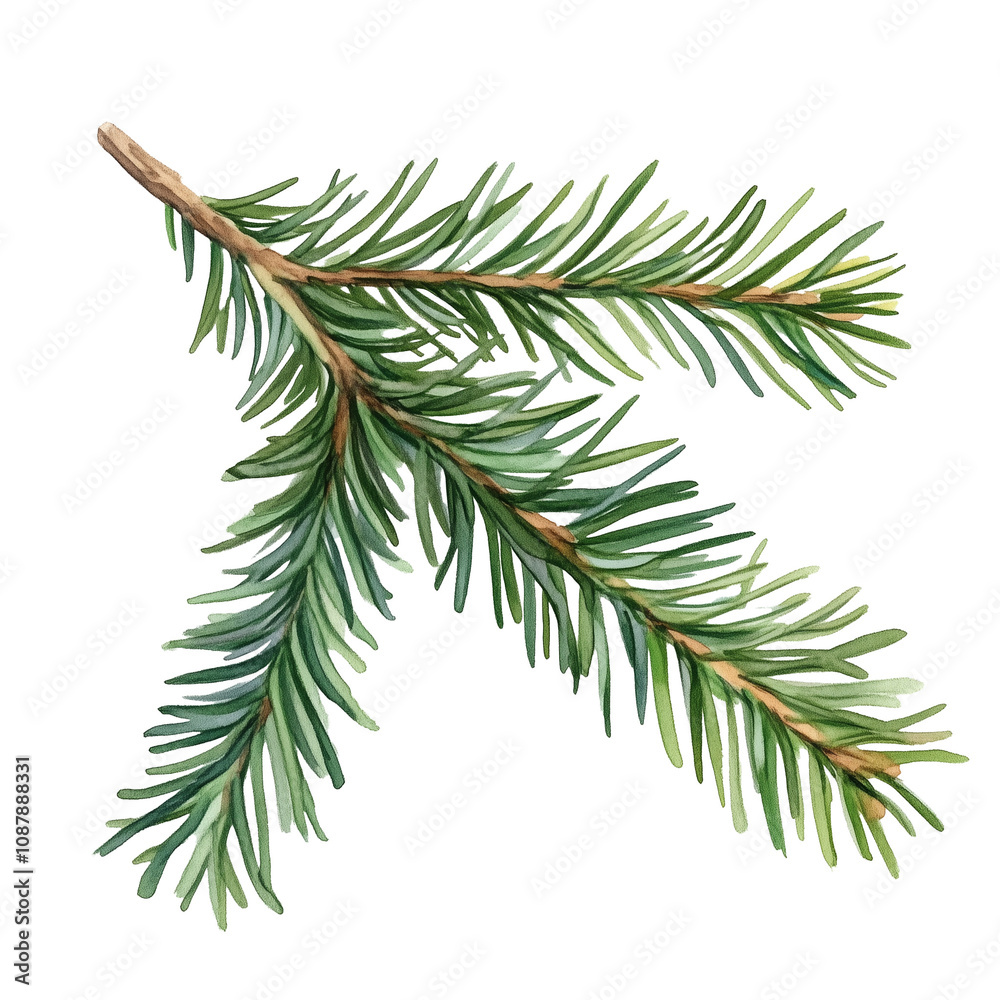 Naklejka premium drawing of a evergreen fir tree branch isolated on white background or transparent png. Watercolor