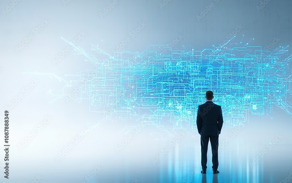Business professional stands before digital data visualization at dawn in a futuristic setting Business professional stands before digital data visualization at dawn in a futuristic setting
