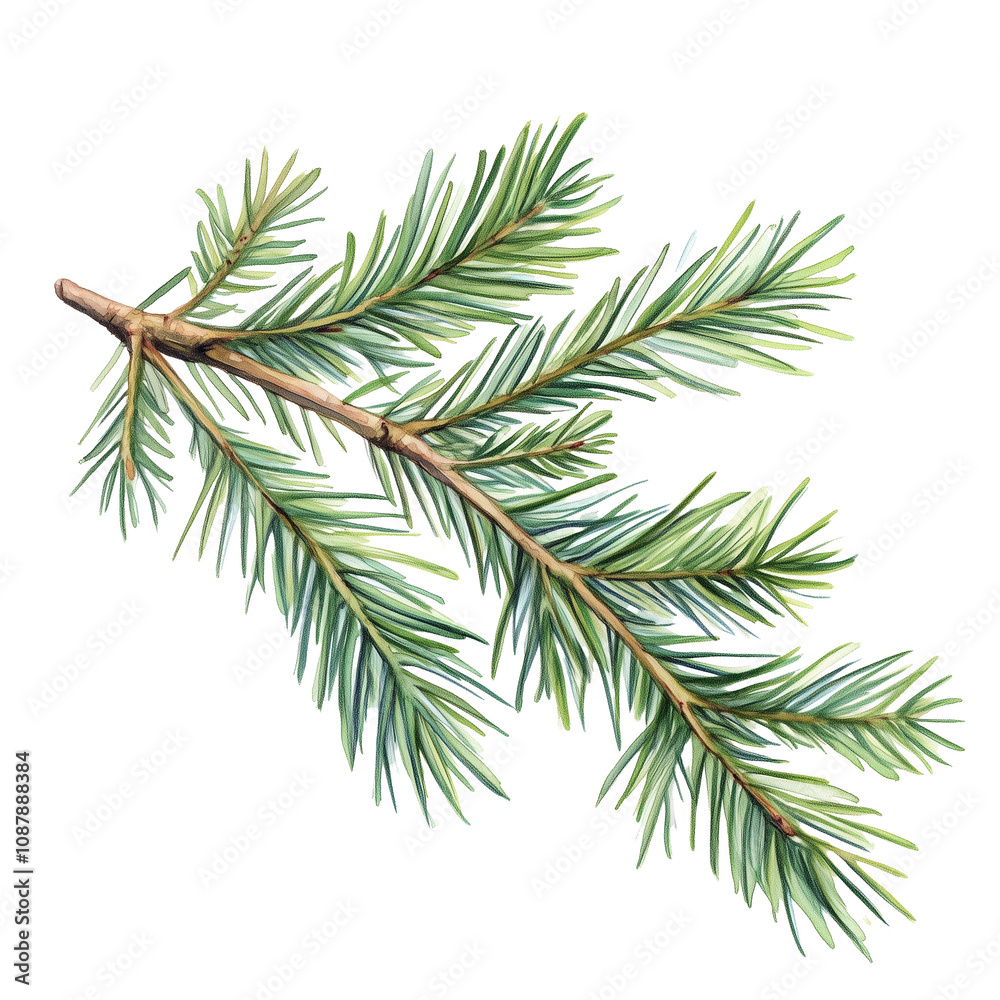 drawing of a evergreen fir tree branch isolated on white background or transparent png. Watercolor drawing of a evergreen fir tree branch isolated on white background or transparent png. Watercolor