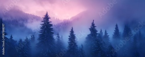 Beautiful winter landscape. Winter solstice, Dawn in the foggy forest. Horizontal panorama of the mysterious forest. Banner copyspace.