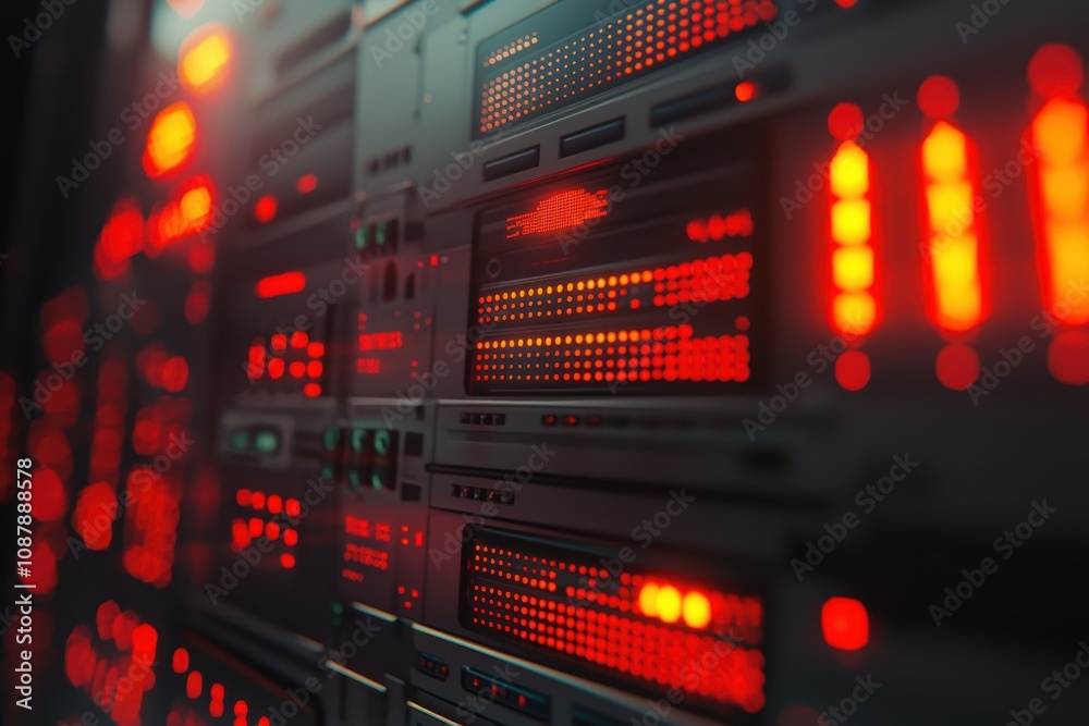 Futuristic Data Center with Glowing Red LED Lights and Rack Servers Displaying Active Network Connections and Digital Information Flow in Dark Environment Futuristic Data Center with Glowing Red LED Lights and Rack Servers Displaying Active Network Connections and Digital Information Flow in Dark Environment