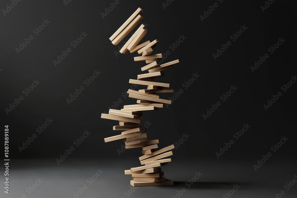 Wooden blocks stacked in precarious tower on dark background Wooden blocks stacked in precarious tower on dark background