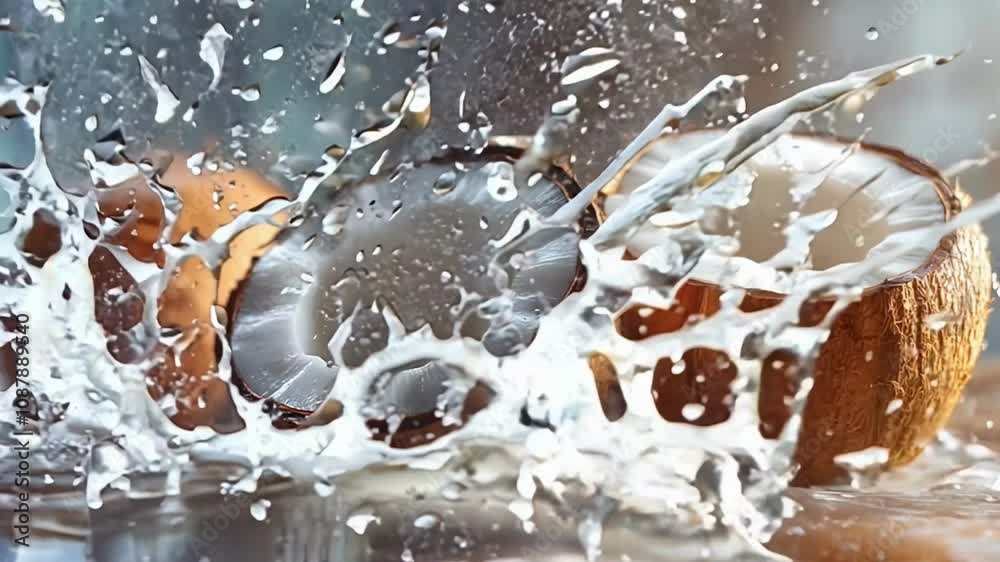 Coconut halves burst open splashing creamy liquid, generative ai