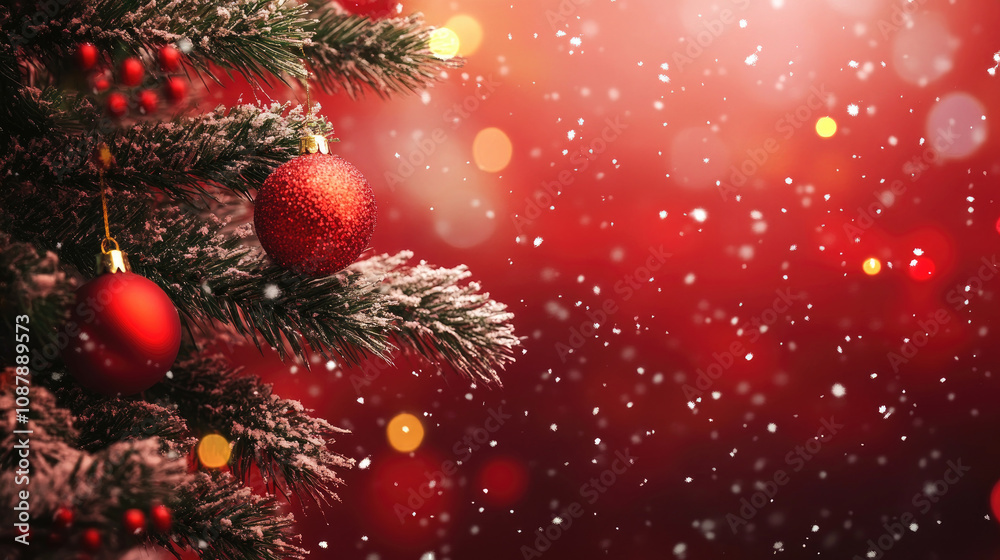 New Year banner with Christmas decoration with tree branches and red balls on bokeh lights background with space for text New Year banner with Christmas decoration with tree branches and red balls on bokeh lights background with space for text