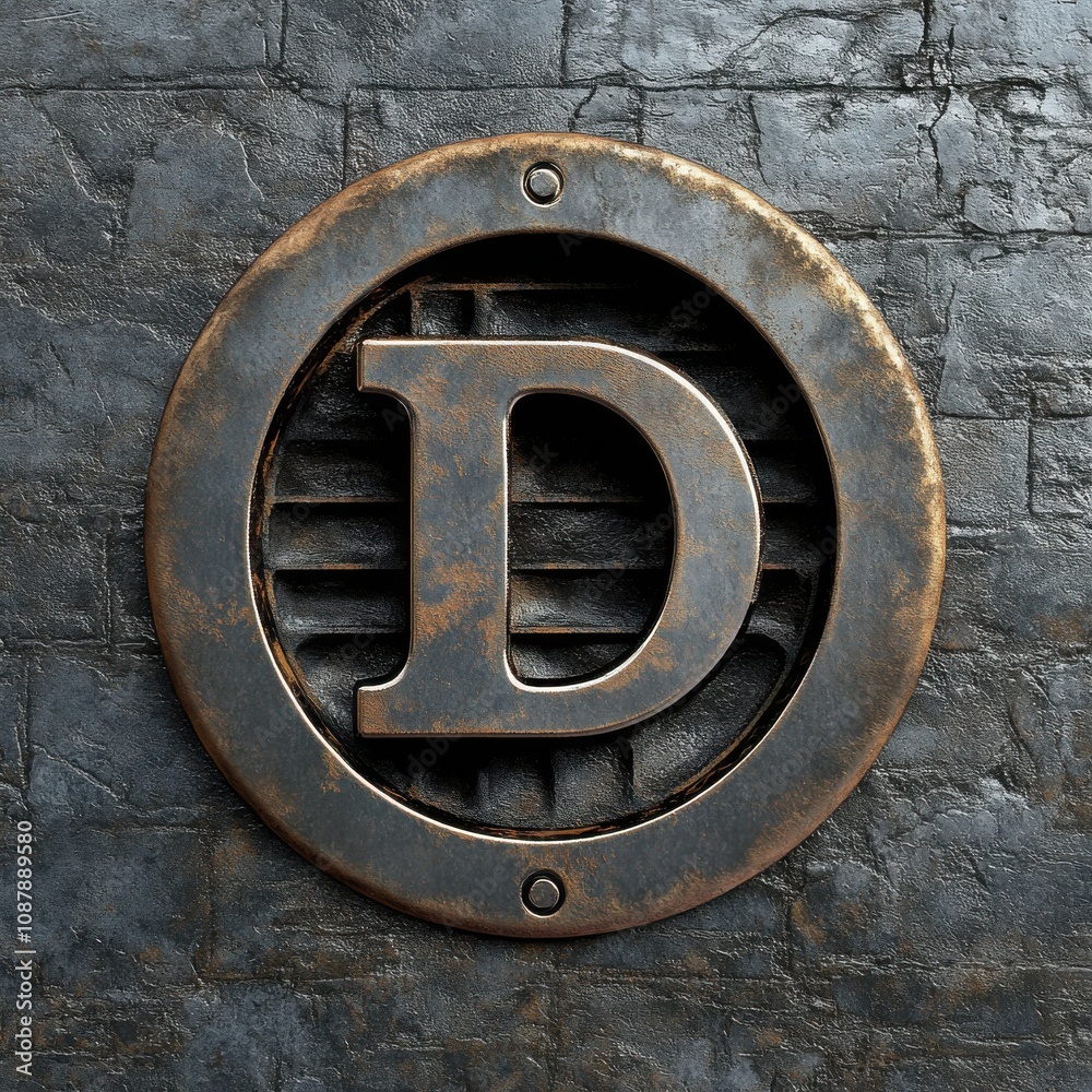 Metallic letter 'D' in a circular frame, showcasing industrial design with a textured black background. Metallic letter 'D' in a circular frame, showcasing industrial design with a textured black background.