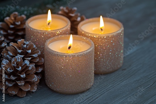 A group of lit candles and a pine cone, perfect for winter or holiday scenes