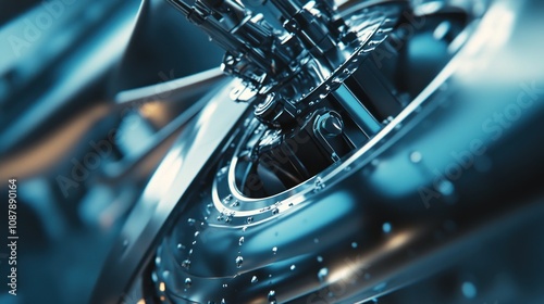 Abstract Close-Up of a Sleek, Chrome Mechanical Device with Water Droplets
