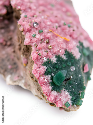 Macro shooting of natural gemstone. Natural rock specimen of eudialyte. Isolated object on a white background.