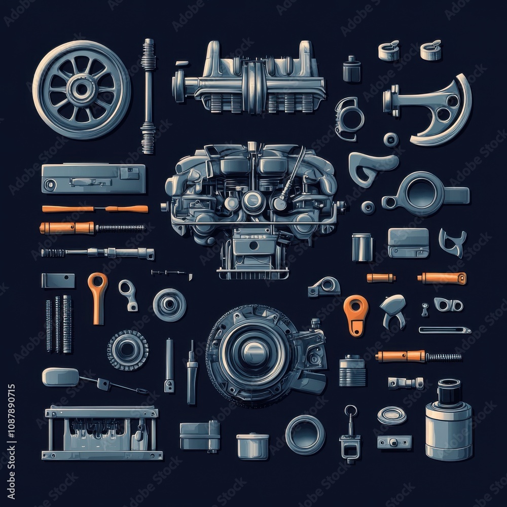 A detailed arrangement of various automotive engine parts showcasing intricate design and craftsmanship. A detailed arrangement of various automotive engine parts showcasing intricate design and craftsmanship.