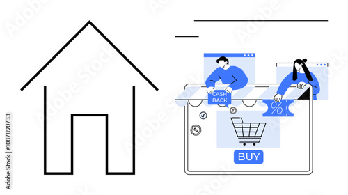 House icon on the left and two individuals shopping online on the right with cashback and discount icons. Ideal for e-commerce, online retail, digital marketing, home shopping, consumer behavior