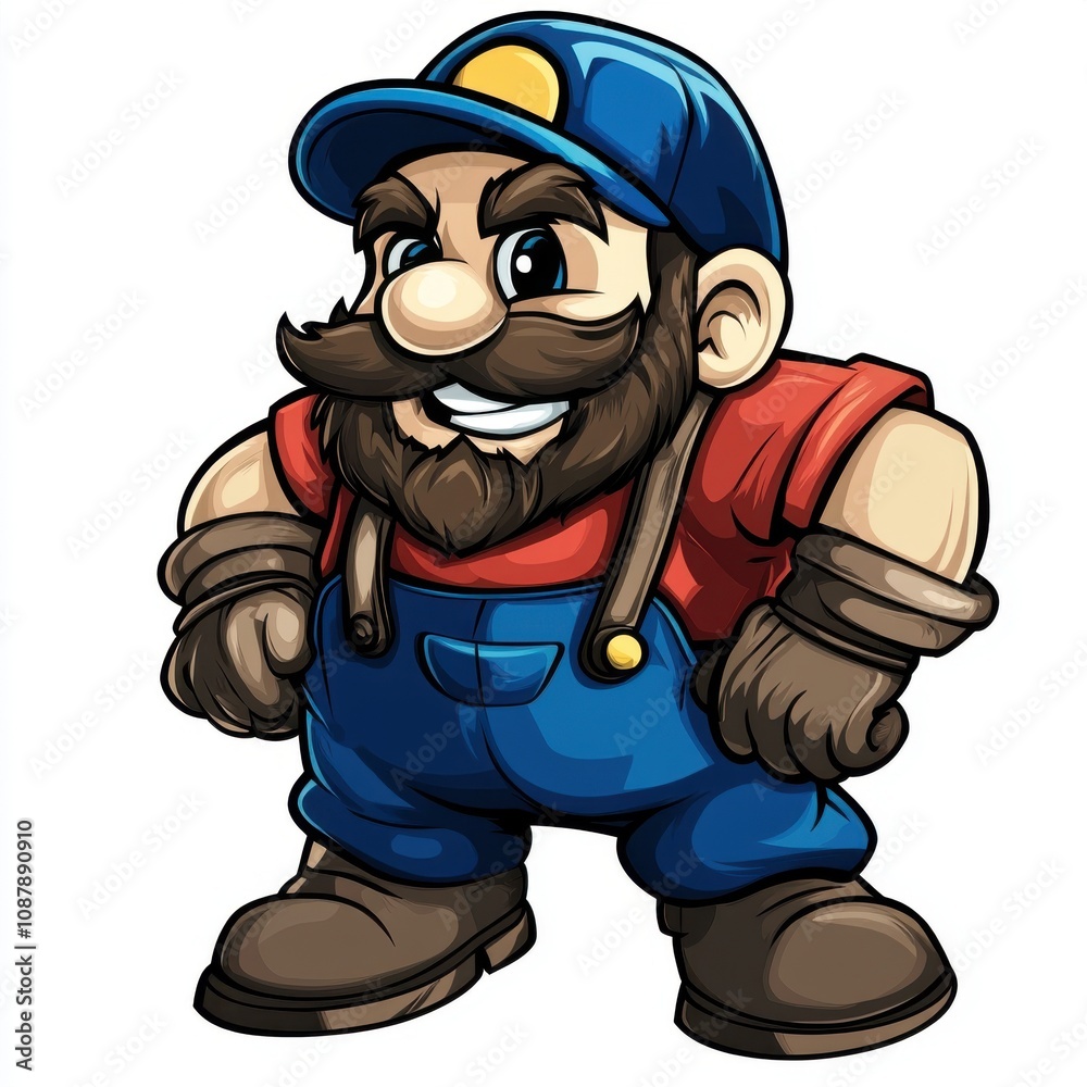A spirited cartoon male character with a beard, wearing a cap and overalls, exuding confidence and charm. A spirited cartoon male character with a beard, wearing a cap and overalls, exuding confidence and charm.