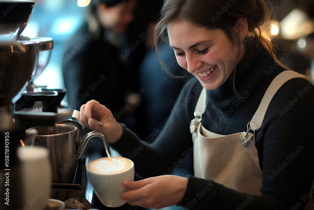 Barista smiling while frothing milk for a customer's drink, the atmosphere of the cafe buzzing with people and coffee aroma. Barista smiling while frothing milk for a customer's drink, the atmosphere of the cafe buzzing with people and coffee aroma.
