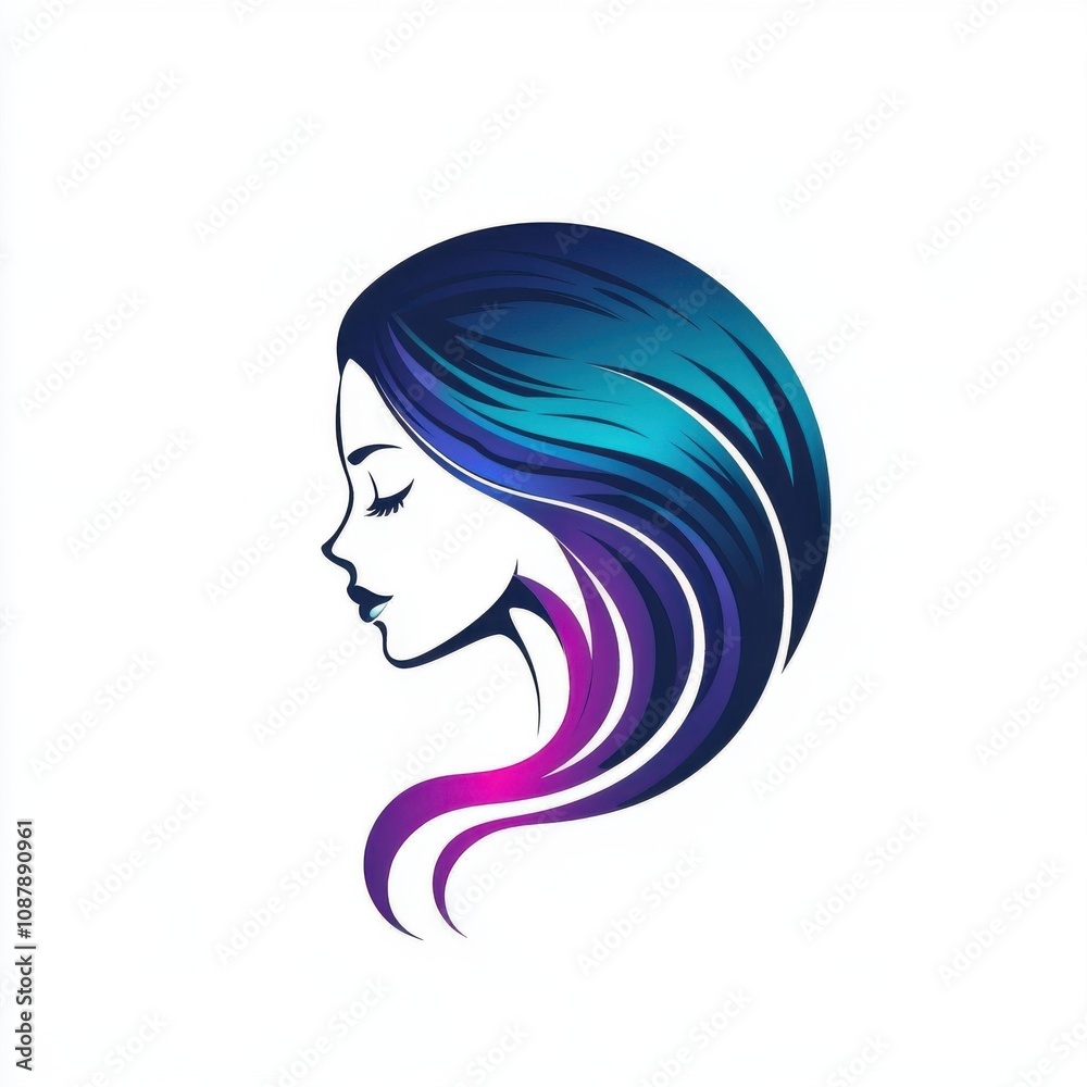 Stylized profile of a woman with flowing hair in blue and purple hues on a white background. Stylized profile of a woman with flowing hair in blue and purple hues on a white background.
