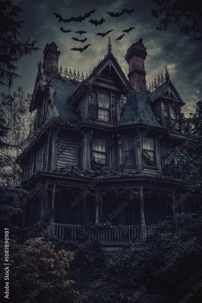 A dark and eerie house with bats flying overhead, great for Halloween or horror-themed images A dark and eerie house with bats flying overhead, great for Halloween or horror-themed images