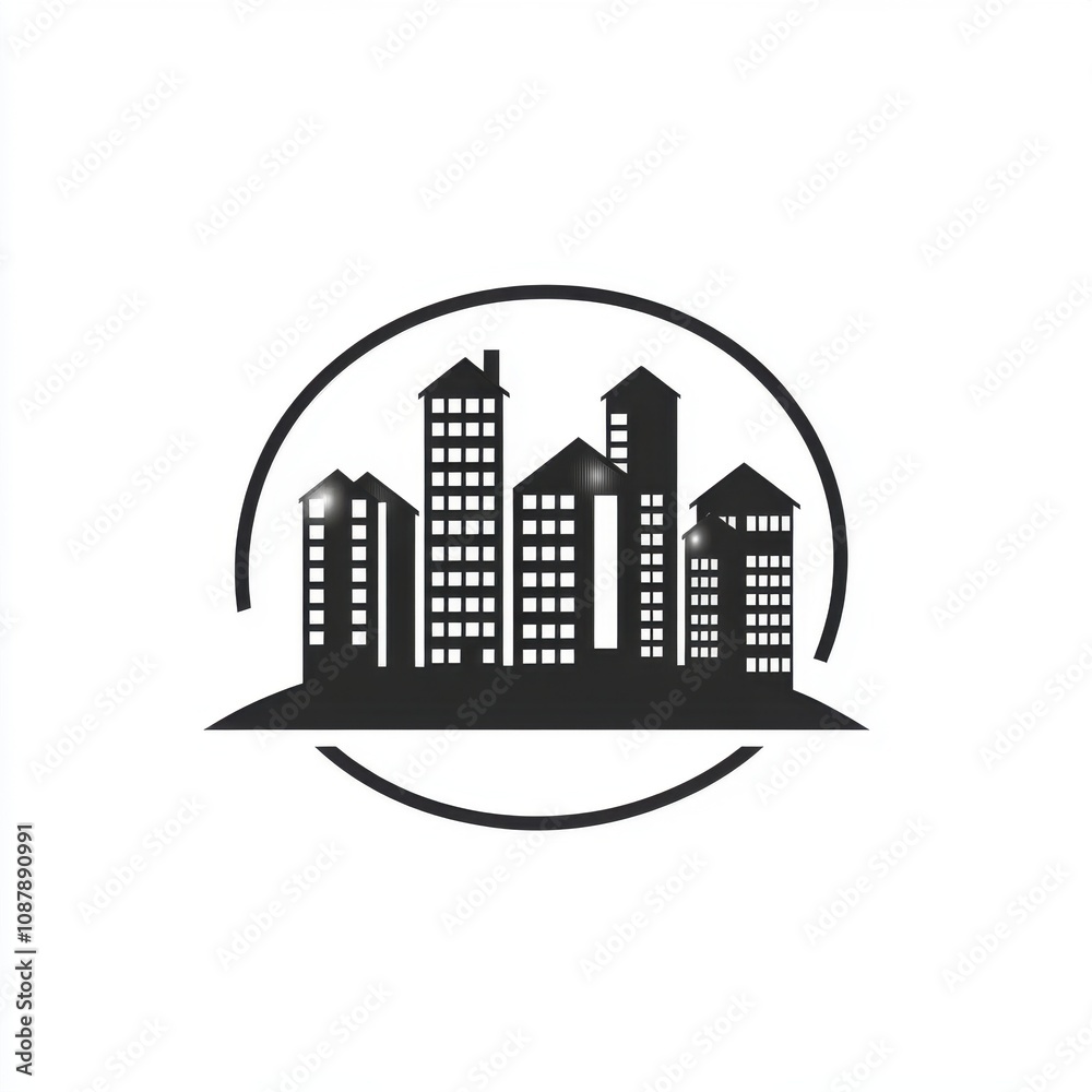 Stylized monochrome city skyline illustration in circular frame. Stylized monochrome city skyline illustration in circular frame.