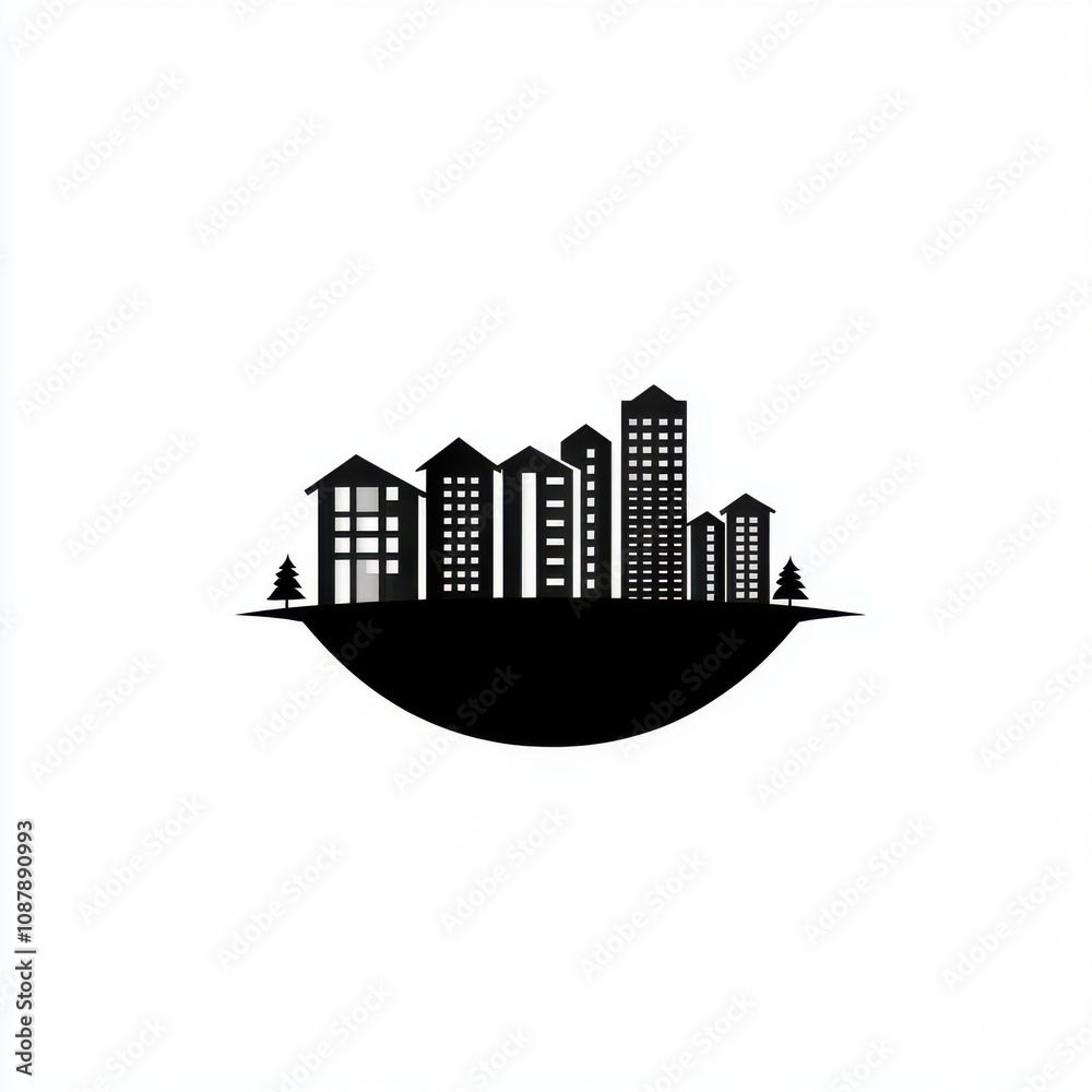 Obraz premium Stylized black city skyline with modern and traditional buildings against a minimalistic backdrop.