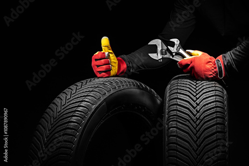 Mechanic hands in gloves Giving Thumbs Up Next to New Car Tires and Wrench, concept for automotive maintenance and quality wheels service in a garage setting photo