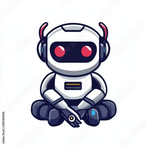 A cute cartoon robot sitting cross-legged, featuring red eyes and headphones, showcasing a friendly demeanor.