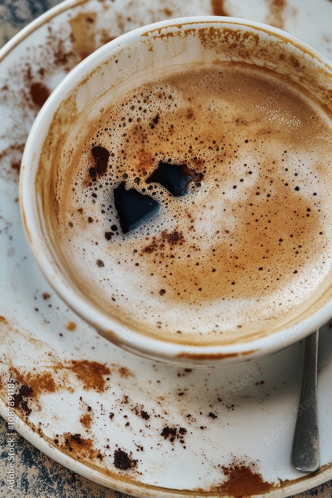 A cup of coffee on a plate with a spoon, perfect for breakfast or snack A cup of coffee on a plate with a spoon, perfect for breakfast or snack