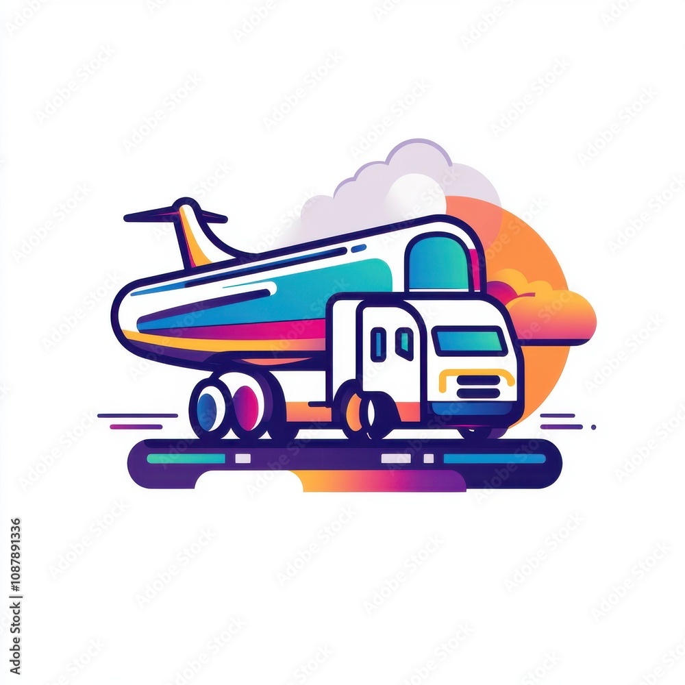 A colorful illustration of a truck towing an airplane under a stylized sunset. A colorful illustration of a truck towing an airplane under a stylized sunset.