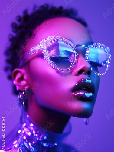 Wallpaper Mural A Y3K woman portrait, featuring bold, iridescent, holographic makeup designs, face embellishments with metallic and crystal accents, sleek futuristic clothing with high-tech accessories. Torontodigital.ca