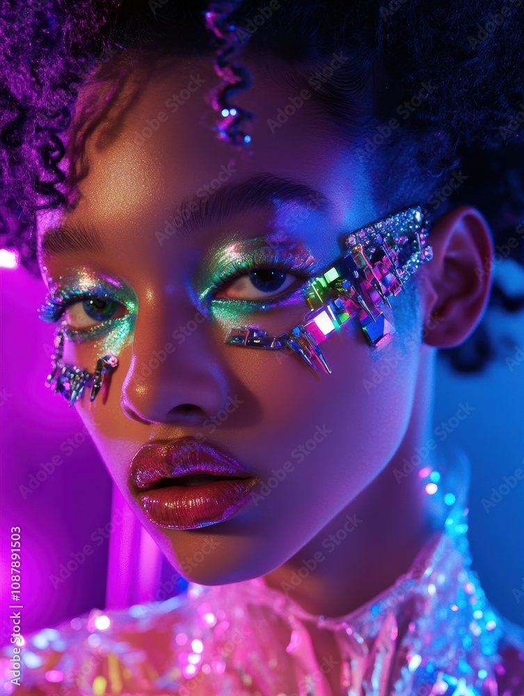 Obraz premium A Y3K woman portrait, featuring bold, iridescent, holographic makeup designs, face embellishments with metallic and crystal accents, sleek futuristic clothing with high-tech accessories.