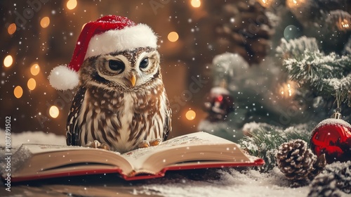 Owl with Santa hat reading a Christmas storybook magical holiday setting cozy winter scene photo