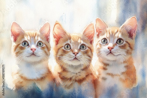 A close-up view of three felines gazing directly into the lens