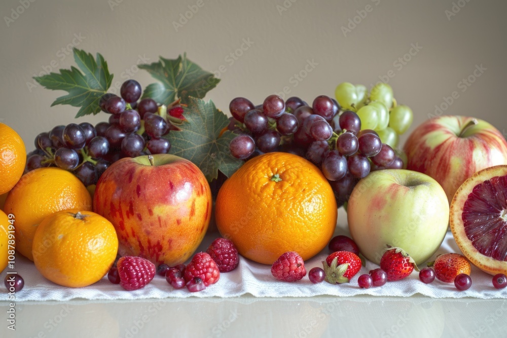 A colorful display of various fruits arranged on a table A colorful display of various fruits arranged on a table