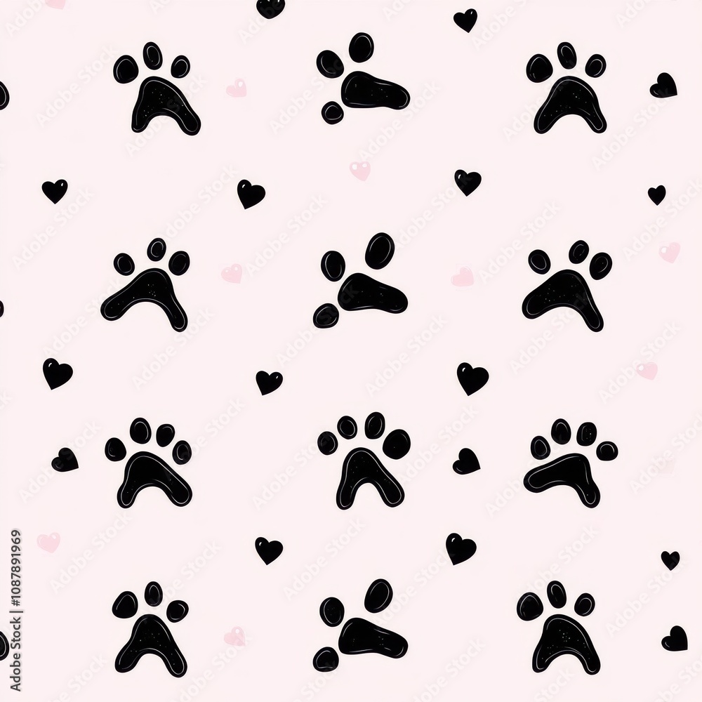 A playful pattern featuring black paw prints and pink hearts on a soft pastel background. A playful pattern featuring black paw prints and pink hearts on a soft pastel background.