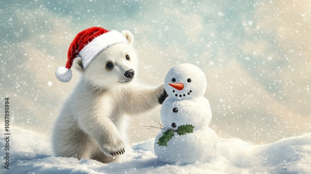 Polar bear cub with Santa hat building a snowman snowy holiday fun joyful winter scene Polar bear cub with Santa hat building a snowman snowy holiday fun joyful winter scene