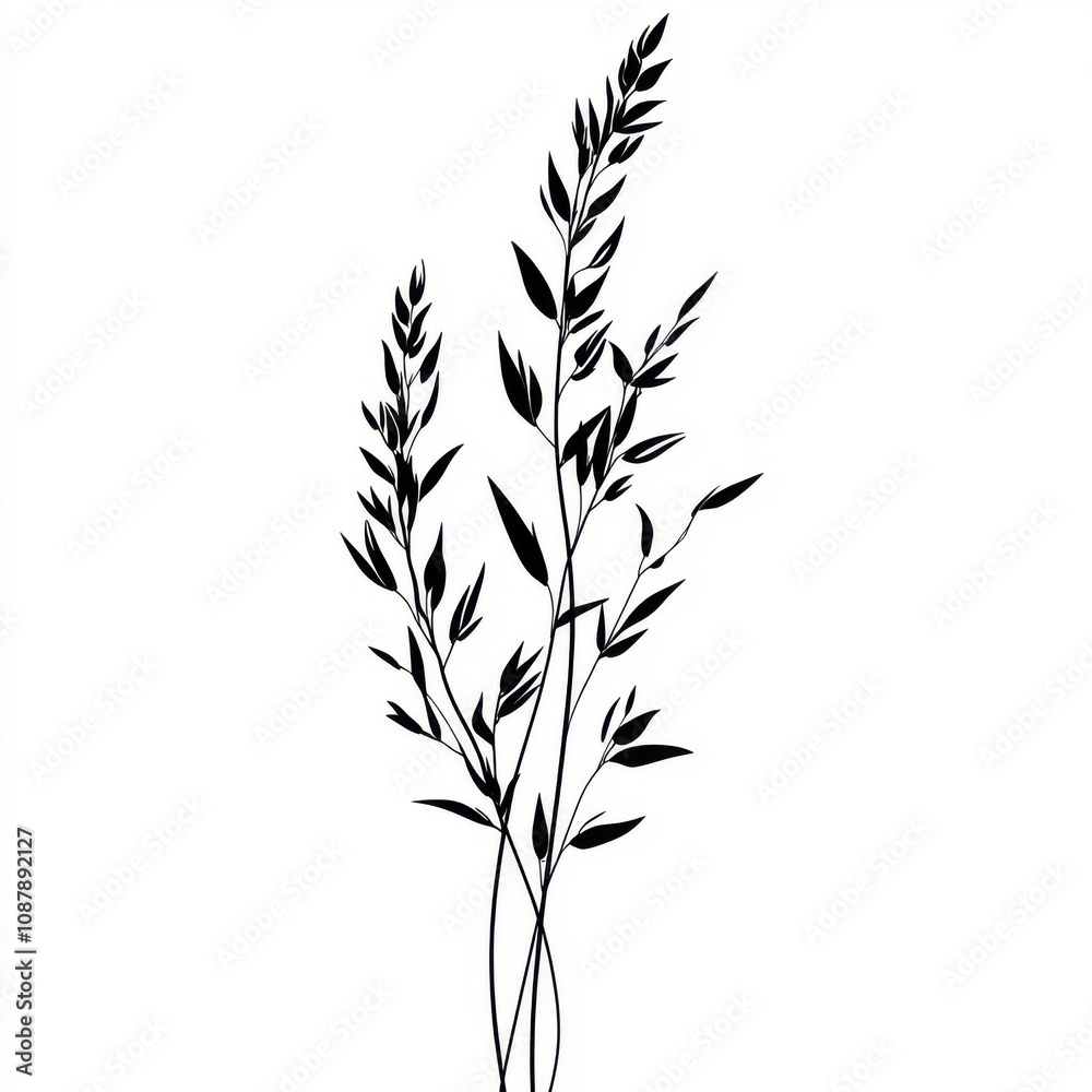 Silhouette of slender grass stems with delicate leaves against a crisp white background. Silhouette of slender grass stems with delicate leaves against a crisp white background.