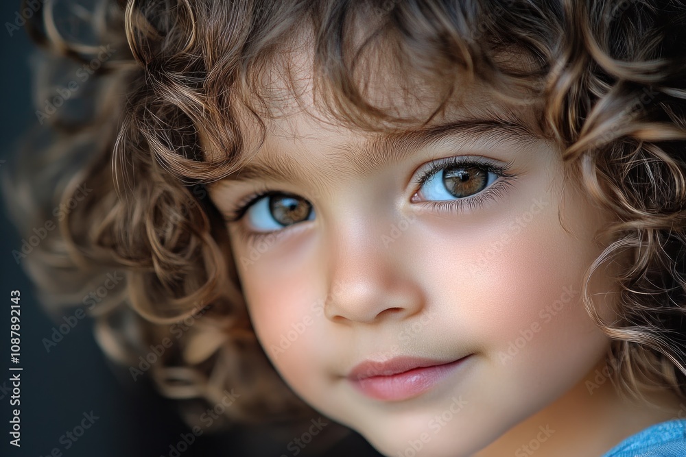 Naklejka premium Portrait of a young child with curly locks, suitable for family, education or lifestyle projects