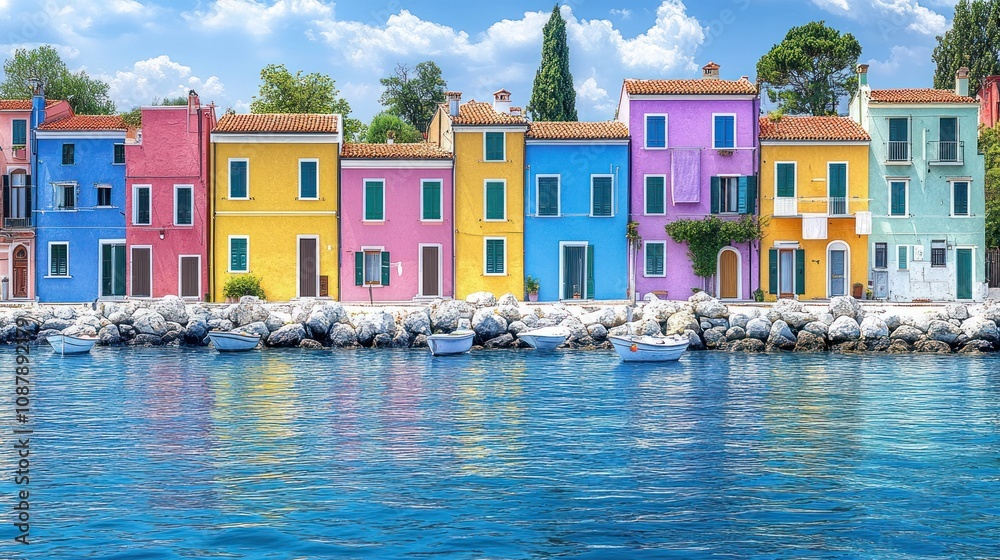 Obraz premium Colorful waterfront houses by the water.