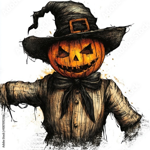 Spooky Halloween scarecrow with a mischievous jack-o'-lantern head, set against a white background. photo