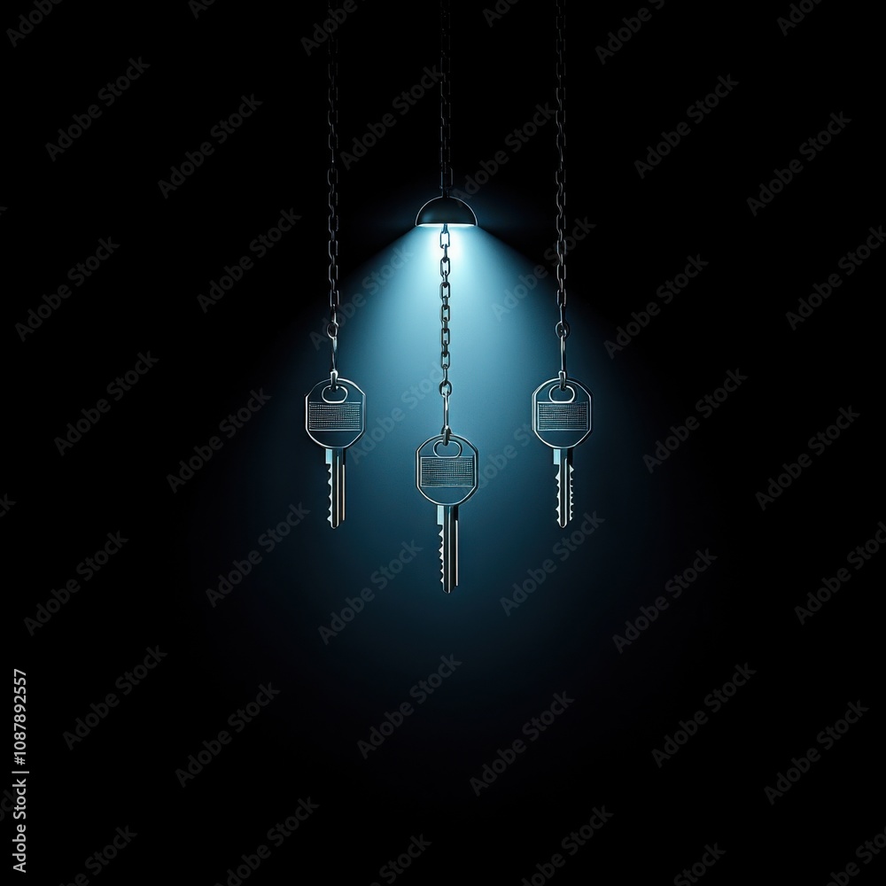 Three metallic keys suspended from chains under a spotlight, creating a mysterious and intriguing atmosphere. Three metallic keys suspended from chains under a spotlight, creating a mysterious and intriguing atmosphere.