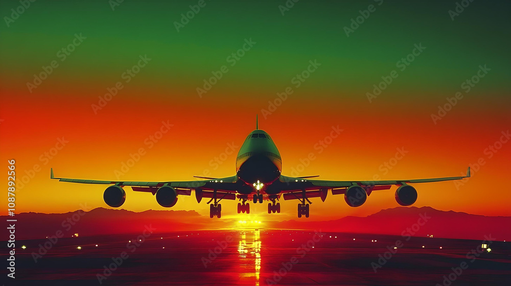 Airplane takes off at sunrise over mountains
Airplane takes off at sunrise over mountains