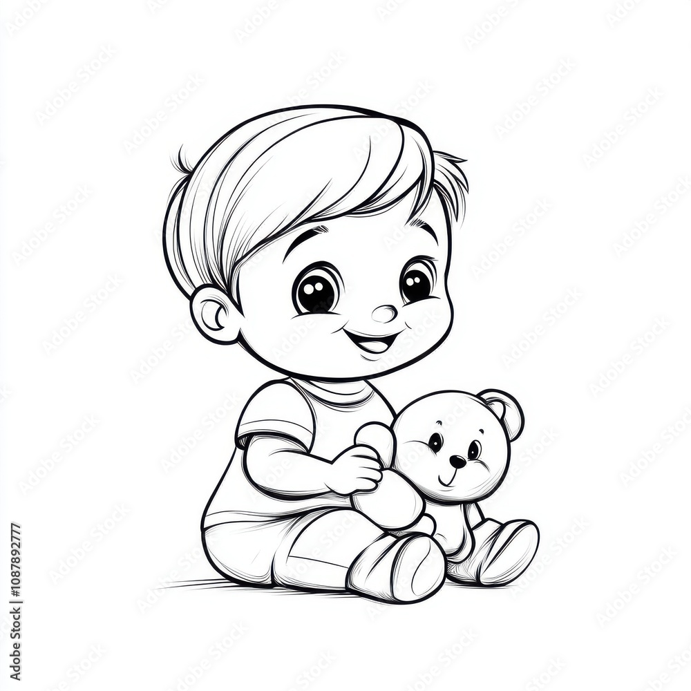 Cute young boy holding a teddy bear, smiling joyfully, depicted in a charming line art style. Cute young boy holding a teddy bear, smiling joyfully, depicted in a charming line art style.