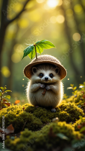 Mały jeżyk trzyma parasol z liścia, stojąc na mchu w lesie po deszczu. Krople wody błyszczą na roślinach, a w tle rozmyte światło słoneczne przebija się przez drzewa.