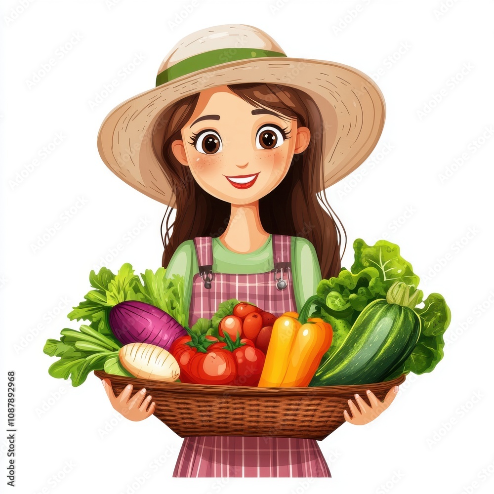 A young woman of Asian descent holds a basket of fresh vegetables, radiating joy in a sunny garden setting. A young woman of Asian descent holds a basket of fresh vegetables, radiating joy in a sunny garden setting.