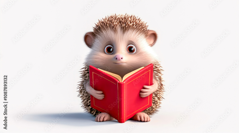 A cute cartoon hedgehog sits reading a vibrant red book against a clean, white background. Concept of imagination and curiosity, depicting the joy of reading and learning in a whimsical style. A cute cartoon hedgehog sits reading a vibrant red book against a clean, white background. Concept of imagination and curiosity, depicting the joy of reading and learning in a whimsical style.