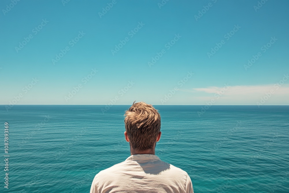 Fototapeta premium A person standing at the edge of the sea, gazing out into the distance