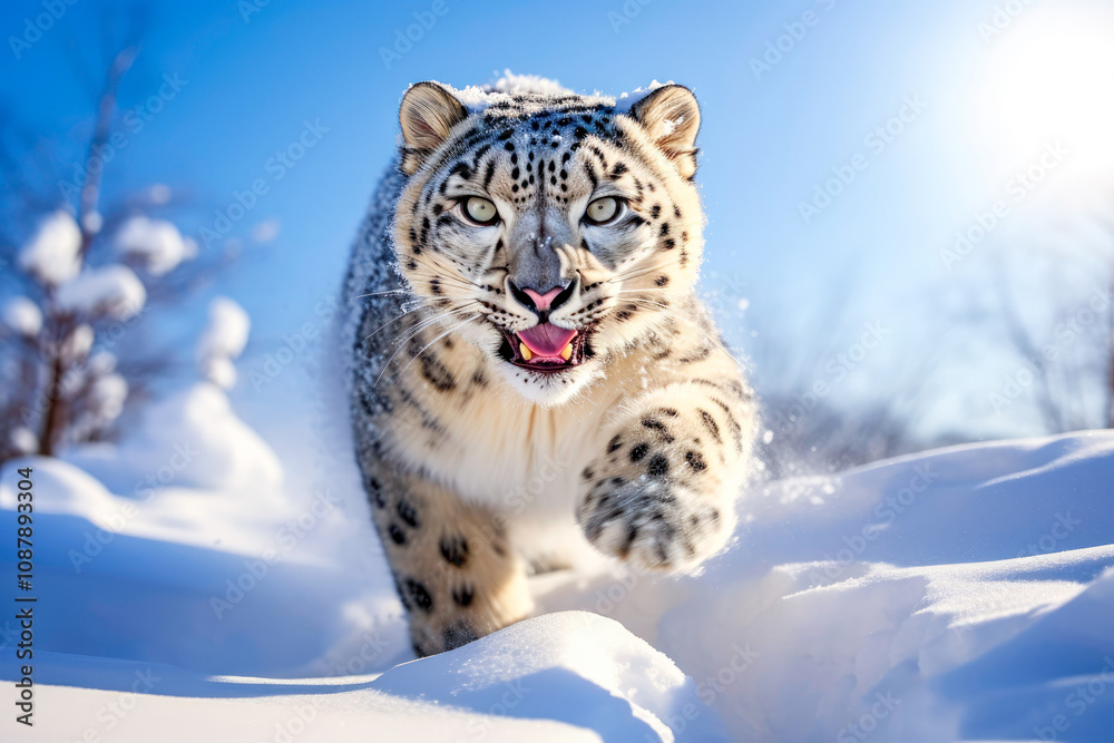 Obraz premium Powerful snow leopard, Panthera uncia running through snow under a bright blue sky. Concept of endangered species listed in the Red Book